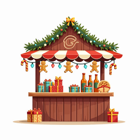Christmas market kiosk with gift boxes and gingerbread cookies, vector illustration.のイラスト素材