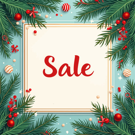 Christmas sale banner with fir tree branches and decorations. Vector illustration.のイラスト素材