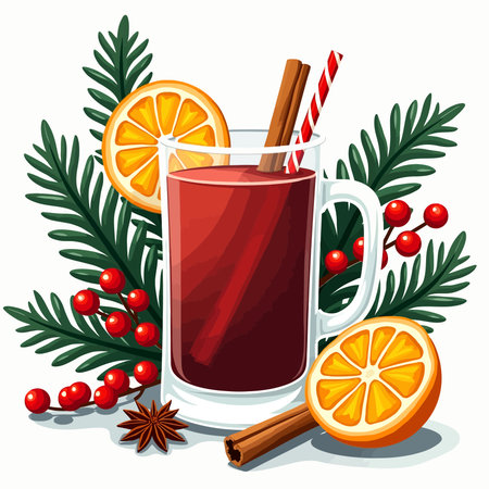 Mulled wine with spices and christmas decoration. Vector illustration.のイラスト素材