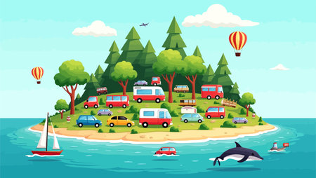 Caravan on the island in the sea. Vector cartoon illustration.のイラスト素材