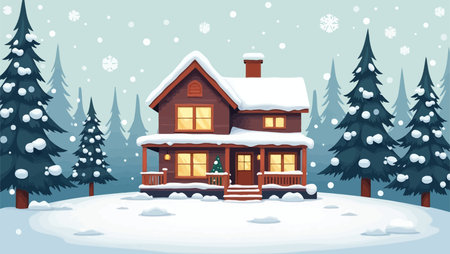 Winter landscape with cozy house and fir trees. Vector illustration in cartoon style.のイラスト素材