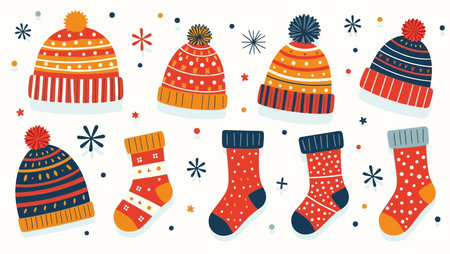 Set of knitted winter hats and socks. Vector illustration in flat style.のイラスト素材