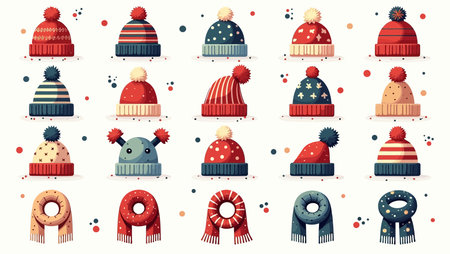 Cute knitted winter hats and scarves. Vector illustration.のイラスト素材