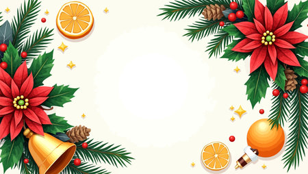Christmas background with poinsettia and fir branches. Vector illustration.のイラスト素材