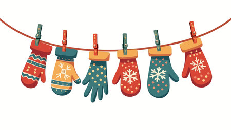 Winter mittens hanging on clothesline. Vector illustration in cartoon style.のイラスト素材
