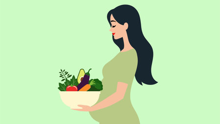 Illustration of a pregnant woman holding a bowl full of fresh vegetablesのイラスト素材