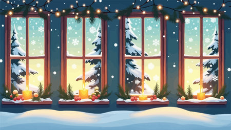 Christmas and New Year window with candles and snowflakes. Vector illustration.のイラスト素材