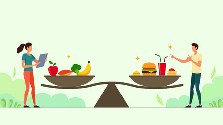 People choosing between healthy and unhealthy food. Man and woman choosing between healthy and unhealthy food. Vector illustration.のイラスト素材