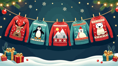 Christmas card with bear, penguin, penguin, deer, snowman. Vector illustration.のイラスト素材
