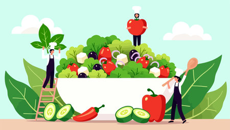 Vegetarian food concept vector illustration. Cartoon flat tiny tiny people character standing on ladder with vegetable salad in bowl.のイラスト素材