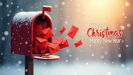 Merry Christmas and Happy New Year greeting card. Letterbox with red envelopes flying in snowのイラスト素材
