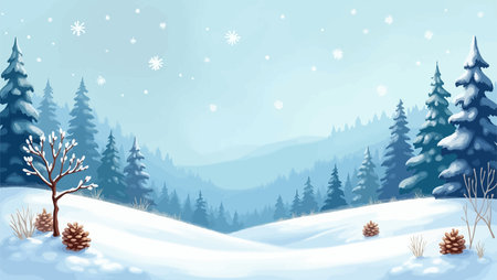 Winter landscape with fir trees and snowflakes. Vector illustration.のイラスト素材