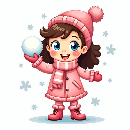 Cute little girl in winter clothes holding snowball. Vector illustration.のイラスト素材