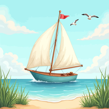 Sailing boat on the beach. Vector illustration in cartoon style.のイラスト素材
