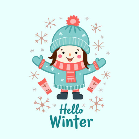 Hello winter. Cute cartoon girl in winter clothes. Vector illustration.のイラスト素材