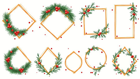 Set of Christmas and New Year frames with fir branches, berries and leaves isolated on white background. Vector illustration.のイラスト素材