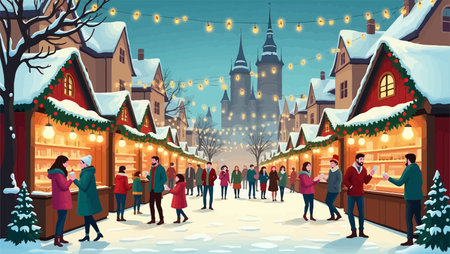 Christmas market in old town of Tallinn, Estonia. People walking on winter street and buying gifts. Vector illustrationのイラスト素材
