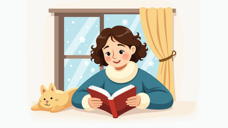 Illustration of a Girl Reading a Book and a Cat at Homeのイラスト素材