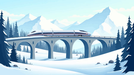 Train on the bridge in the mountains. Vector illustration of a cartoon style.のイラスト素材