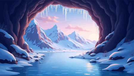 Winter landscape with ice cave and frozen lake. Vector cartoon illustration.のイラスト素材