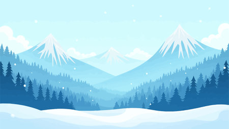 Winter landscape with snow covered mountains and pine trees. Vector illustration.のイラスト素材