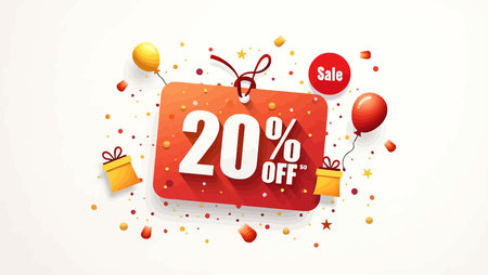 Discount Label up to 20% off with balloons and gift box. Vector illustration.のイラスト素材