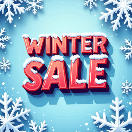 Winter sale banner with 3d red letters and snowflakes on blue background.のイラスト素材