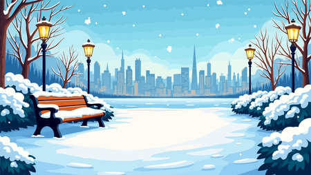 Winter city landscape with bench and streetlights. Vector cartoon illustration.のイラスト素材