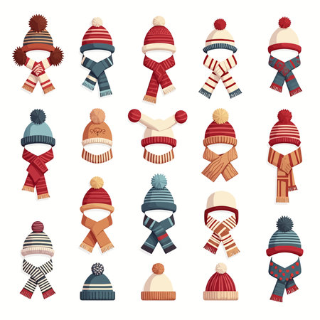 winter clothes Set of knitted hats, scarves and scarves. Vector illustrationのイラスト素材