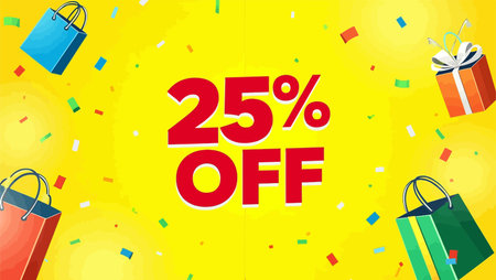 Discount 25% off with shopping bags and gift box on yellow background