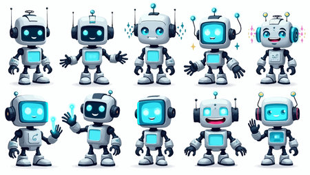 Set of cute robots with different emotions. Vector illustration isolated on white background.
