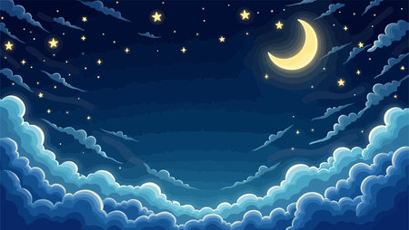 Night sky with clouds and moon. Vector illustration. Eps10.のイラスト素材