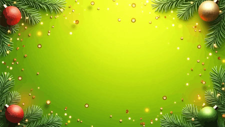 Christmas background with fir branches, balls and confetti on green backgroundのイラスト素材