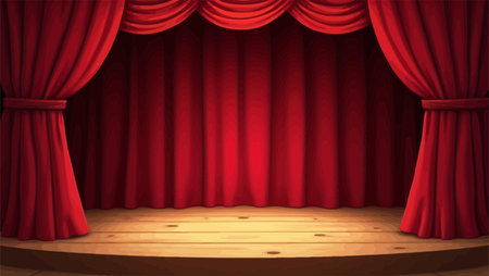 Red theater curtain with wooden floor and red curtains. Vector illustration.のイラスト素材
