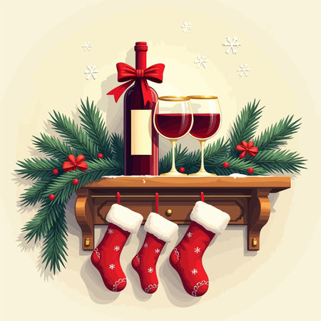Christmas greeting card with bottle of wine, socks and fir branches. Vector illustration.のイラスト素材