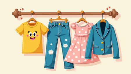 Children clothes hanging on a clothes rack. Vector illustration in cartoon style.のイラスト素材