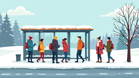 People on the bus stop in winter. Vector flat cartoon illustration.のイラスト素材