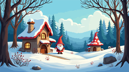 Cartoon christmas background with santa claus and house in the forestのイラスト素材