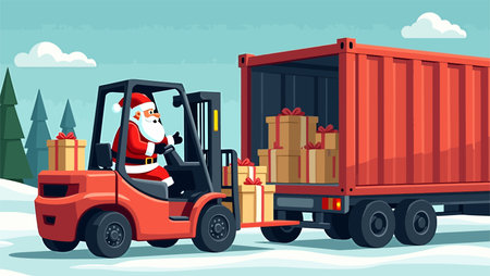 Santa Claus driving a forklift with Christmas gifts. Vector illustration.のイラスト素材