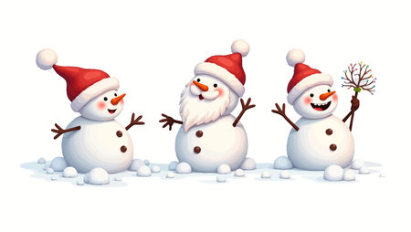 Snowman family with santa claus. Vector illustration isolated on white background.のイラスト素材