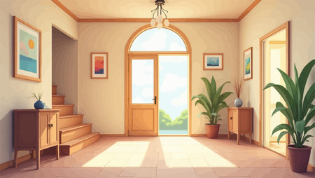 Interior of a room with an open door to the garden. Vector illustrationのイラスト素材
