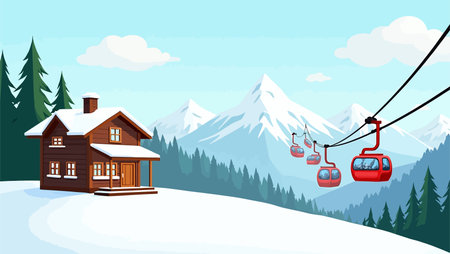 Cable car on the ski slope in the mountains. Vector illustrationのイラスト素材