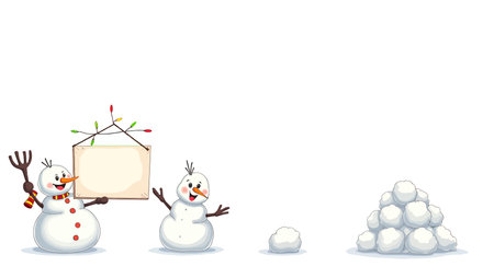 Snowman and snowman with blank board on white background. Vector illustration.のイラスト素材