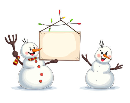 Snowman and snowman holding a blank sign. Vector illustration.のイラスト素材