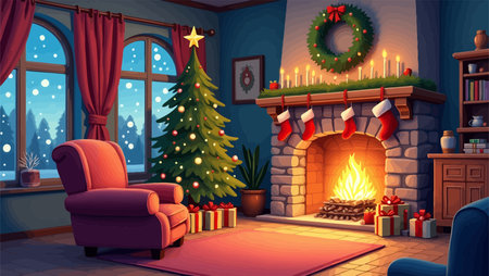 Christmas living room with fireplace and christmas tree. Vector illustration.のイラスト素材
