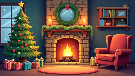 Christmas living room with fireplace and christmas tree. Vector illustration.のイラスト素材
