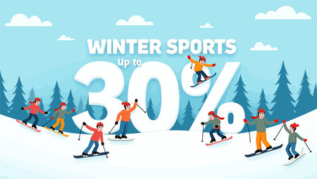Winter sports sale banner with people skating on snow. Vector illustration.のイラスト素材