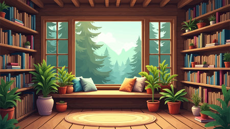 Bookshelf with books and plants in the room. Vector illustration.のイラスト素材