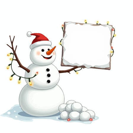 Illustration of a snowman holding a signboard on a white backgroundのイラスト素材
