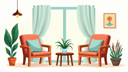 Interior of living room with armchairs, plants and window. Flat vector illustrationのイラスト素材